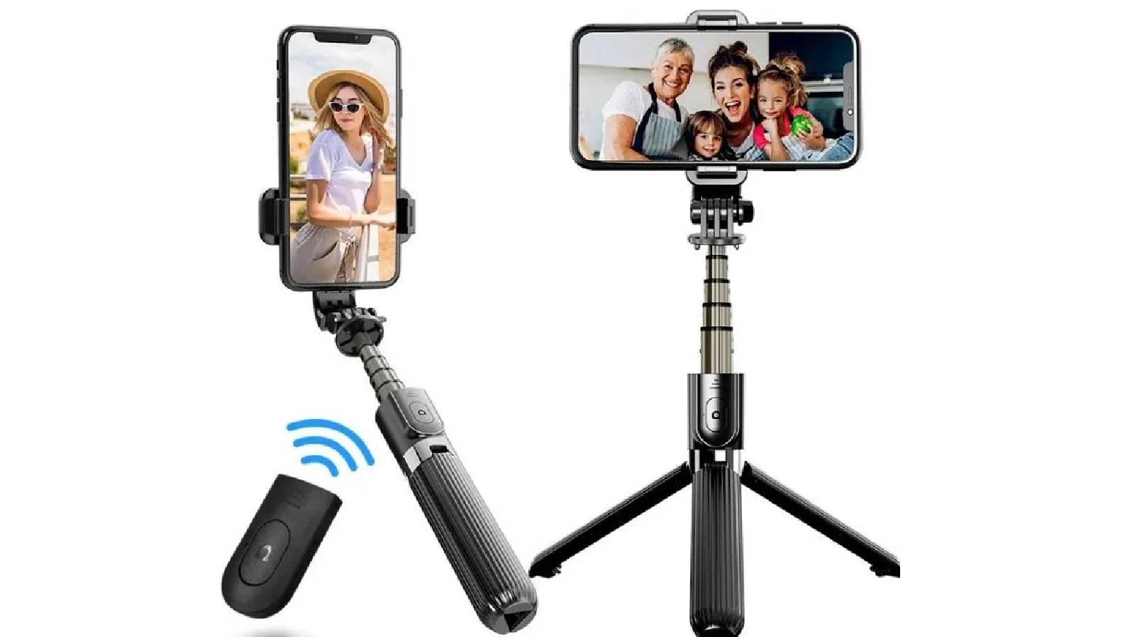 عصا لتثبيت الهاتف الذكي يمكن ان يمسك باليد او تفتح قاعدة لتثبيت الكاميرا ويعمل بالريموت كونترول