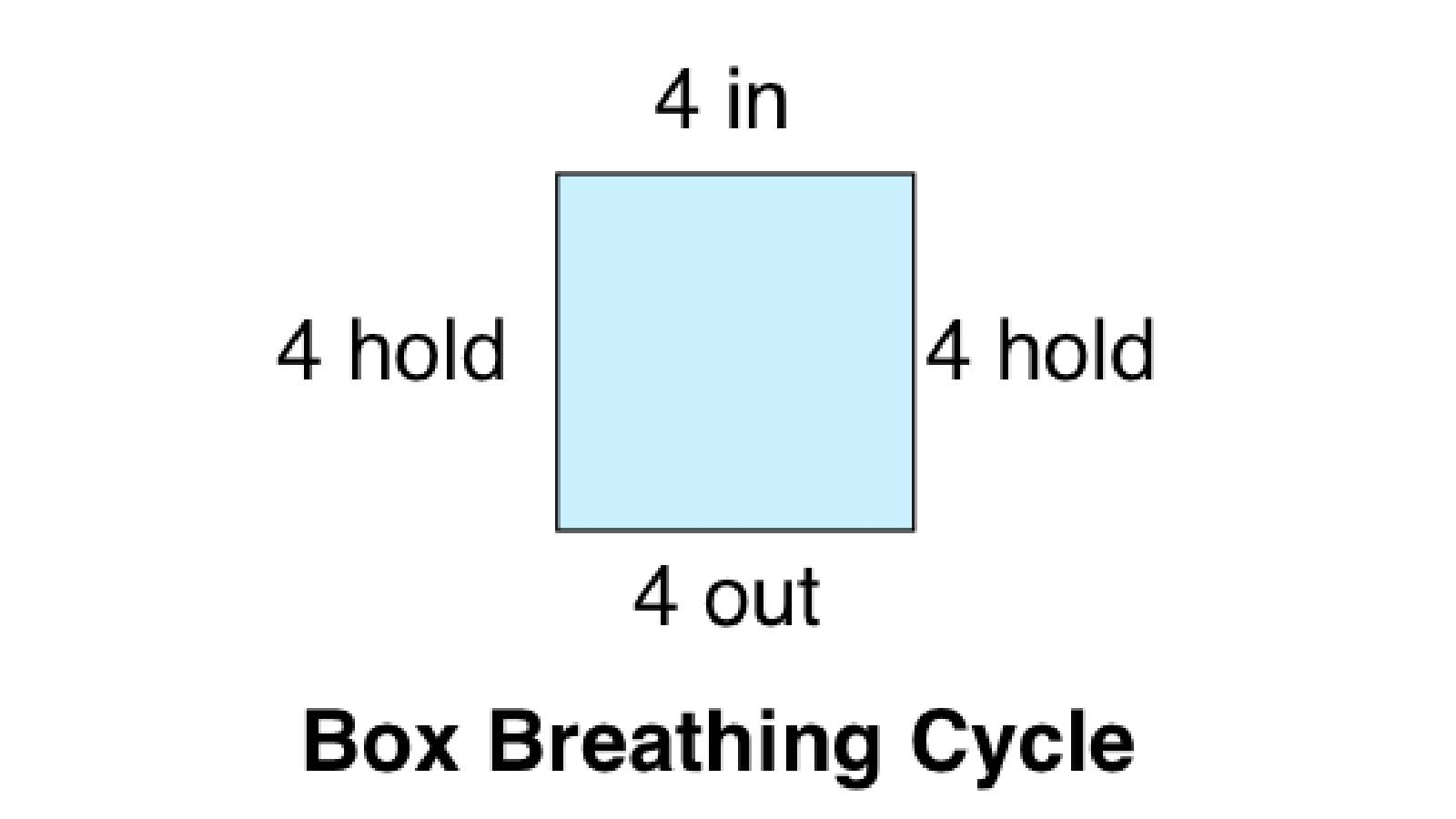 غلى خلفية بيضاء يظهر مربع باللون الازرق مكتوب فوق كل ضلع رقم 4 يعبر عن رمن التنفس و حبس الهواء و خروجه من الرئة و تحتها مكتوب عبارة Box Breathing Cycle باللون الاسود