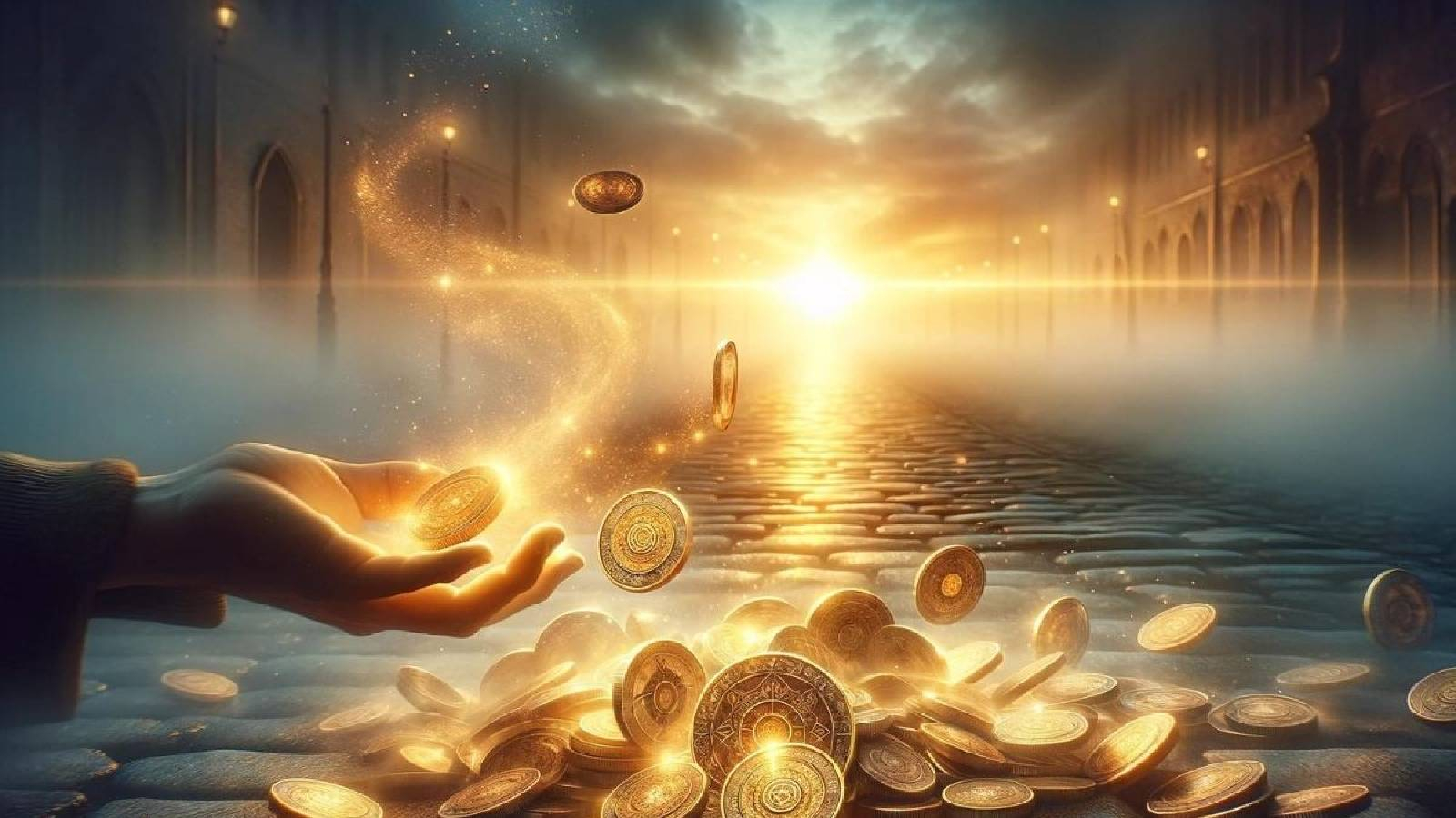 يد ممدودة الى مجموعة من القطع النقدية و تظهر اشعة الذهب من خلالها 