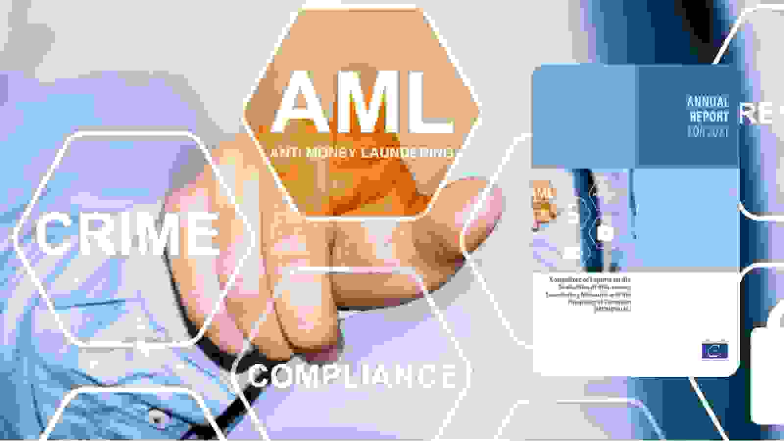 شخص يشير باصبعه الى شاشة شفافة تظهر فيها خلاايا سداسية مكتوب فيها بعض العبارات مثل AML , CRIME 