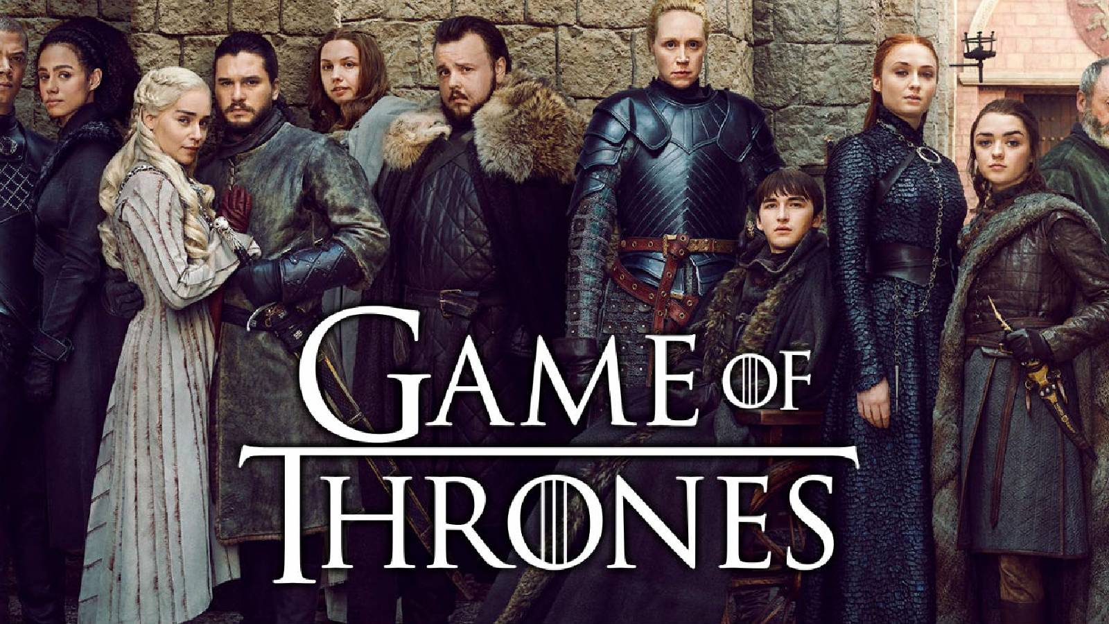 أبطال مسلسل لعبة العروش يقفون بجانب بعضهم وفي منتضف الصورة عنوان المسلسل مكتوب اللون الابيض 