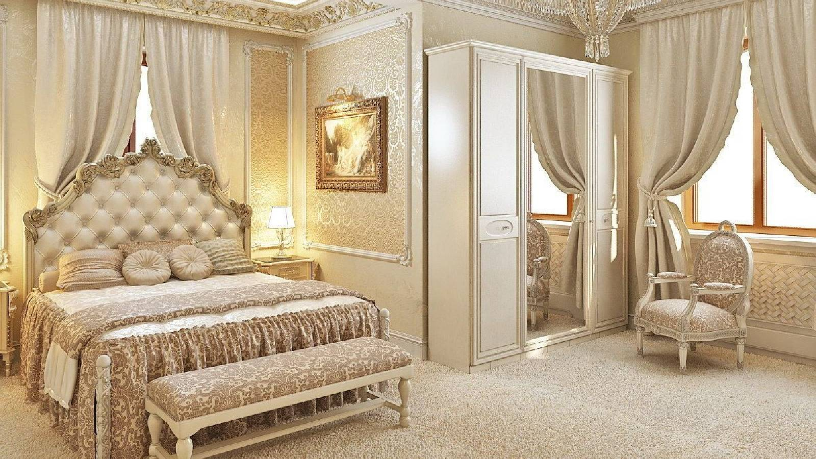 غرفة نوم كلاسيكية باللون البيج والذهبي ويوجد سرسير مزدوج خلفة نافذة وبرادي فاخرة وامام السرير مقعد بدون مسند ظهر و على جهة اليمنى كرسي وخلفة نافذة عليها ستائر و يوجد حائط معلق عليه لوحة 