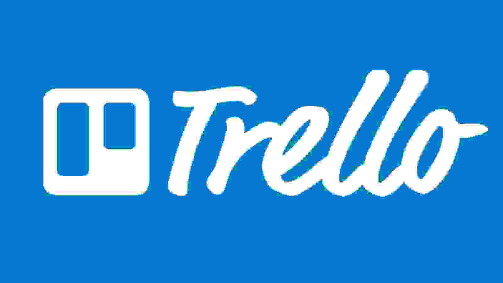على خلفية زرقاء تظهر عبارة Trello  بجانب مربع ابيض و بداخله مستطيلين صغير و طويل باللون الازرق 