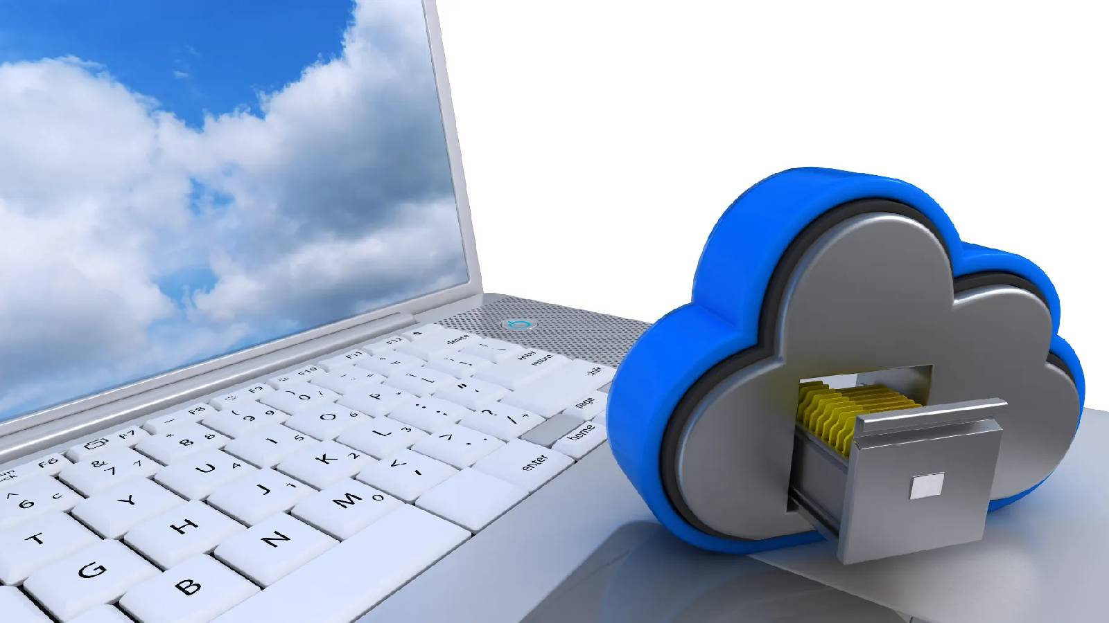 يظهر لابتوب مفتوح وخلفية شاشته سماء زرقاء و غيوم بيضاء و على الجانب الايمن ال اللابتوب يوجد غيمة زرقاء و رمادية يخرج منها درج للتخزين 