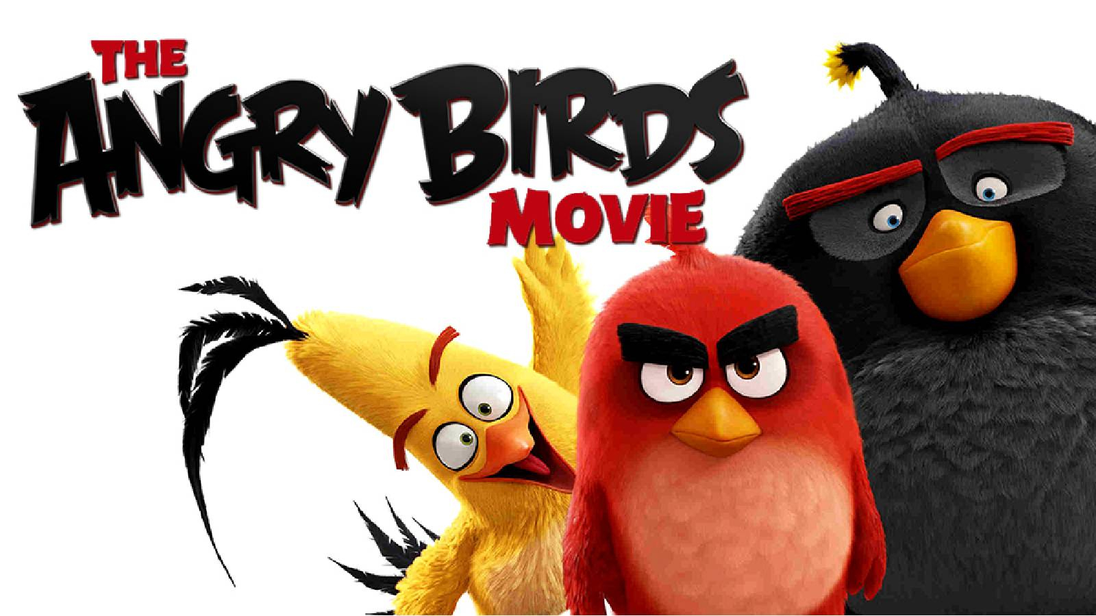 على خلفية بيضاء يظهر العصفور الغاضب ذو اللون الاحر مع اصدقائه ومكتوب فوق رؤوسهم اسم الفيلم The Angry Birds