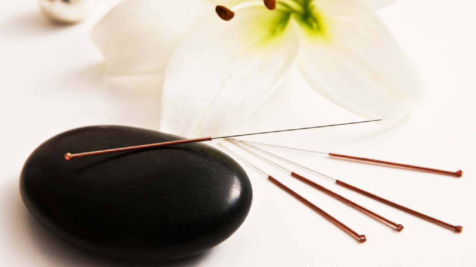 حجرة سوداء ملساء وعليها ابرة مخصصة للعلاج بالوخز بالابر و بجانبها عدة ابر و ووردة بيضاء 