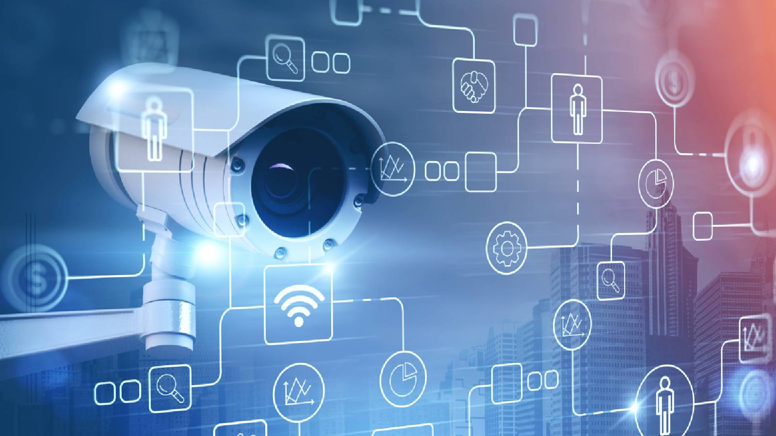 على خلفية زرقاء و شبكة من الخطوط تصل بين مجموعة منوعة من تطبيقات الذكاء الاصطناعي تظهر كاميرا مراقبة 