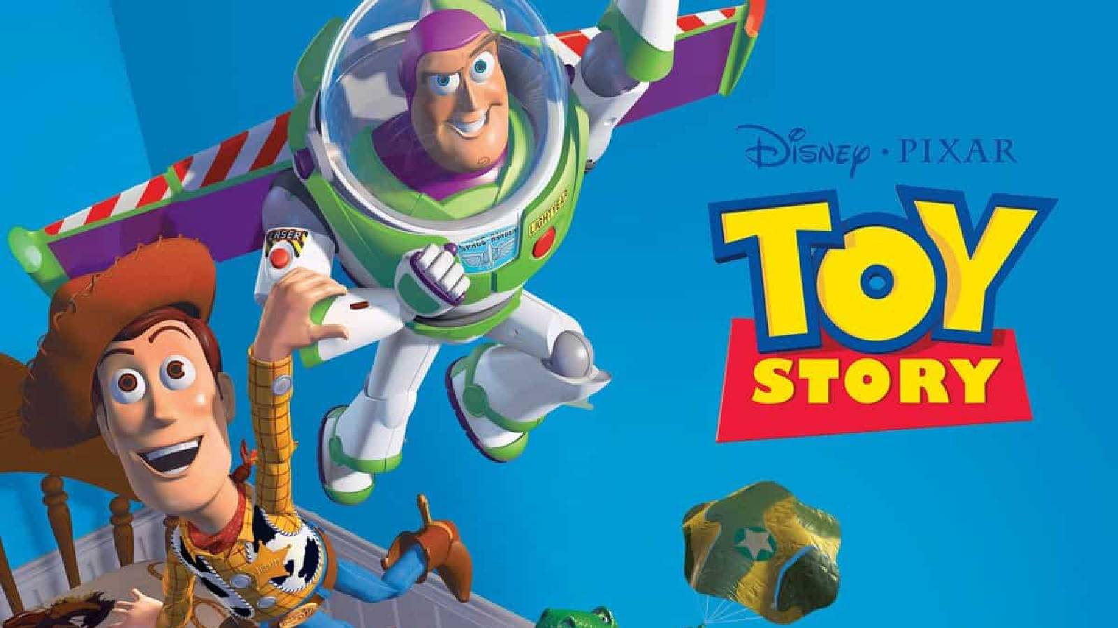 على خلفية زرقاء يظهر ابطال فيلم توي ستوري ويطهر على الجهة اليمنى اسم الفيمل مكتوب باللون الاصفر 