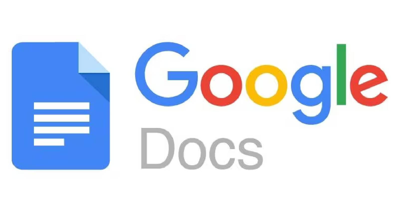 على خلفية بيضاء تظهر كلمة  Google Docs  بالالوان و بجانبهم ورقة زرقاء مطوية من جانبها 