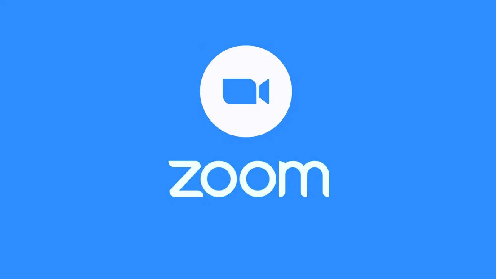 على خلفية زرقاء تظهر في الوسط دائرة بيضاء في وسطها رسم لكاميرا و تحتها كلمة zoom بالابيض 