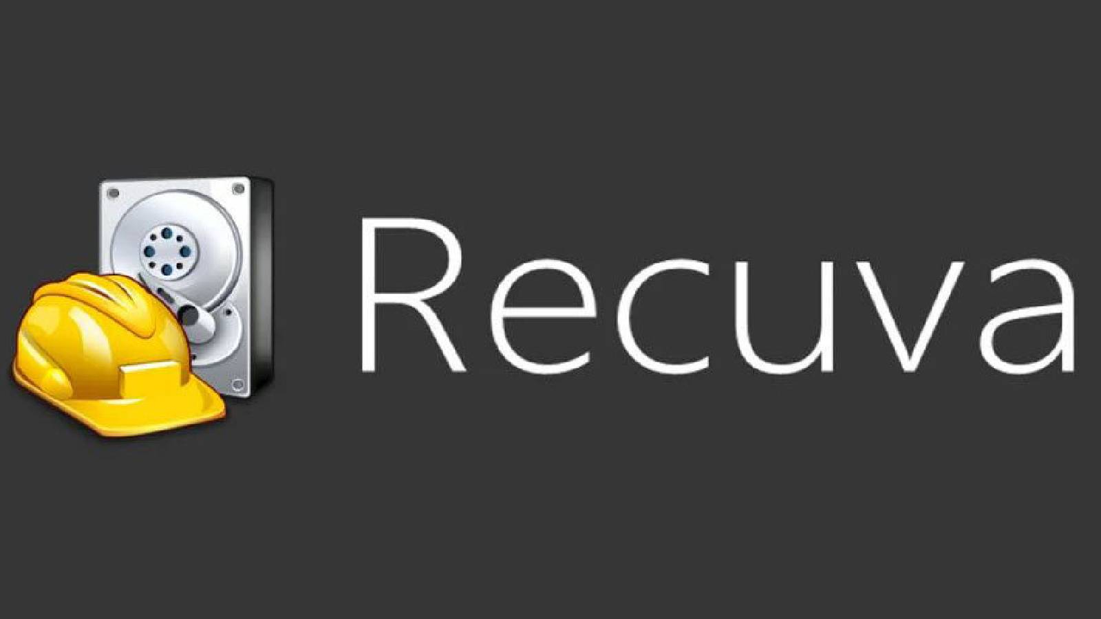 على خلفية رمادية تظهر قبعة امان صفراء  للعمل و بجانبها جهاز فضي وعلى يمين الصورة تظهر كلمة Recuva