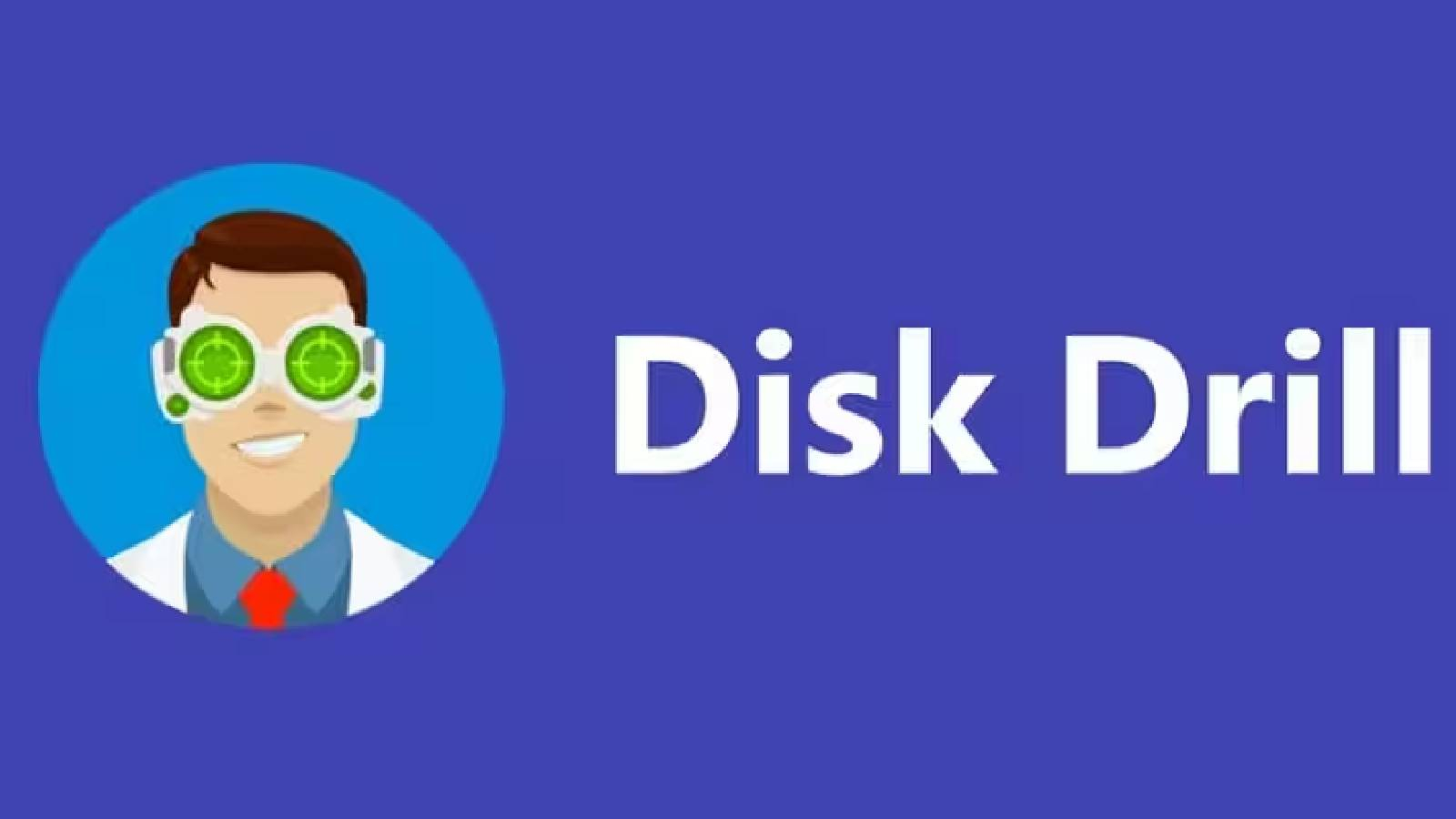 على خلفية زرقاء تظهر على الجهة اليسرى دائرة زرقاء فاتحة و بداخلها رسمة رجل يضع نظارات خضراء و بجانب هذه الدائرة على الجهة اليمنى العبارة Disk Drill