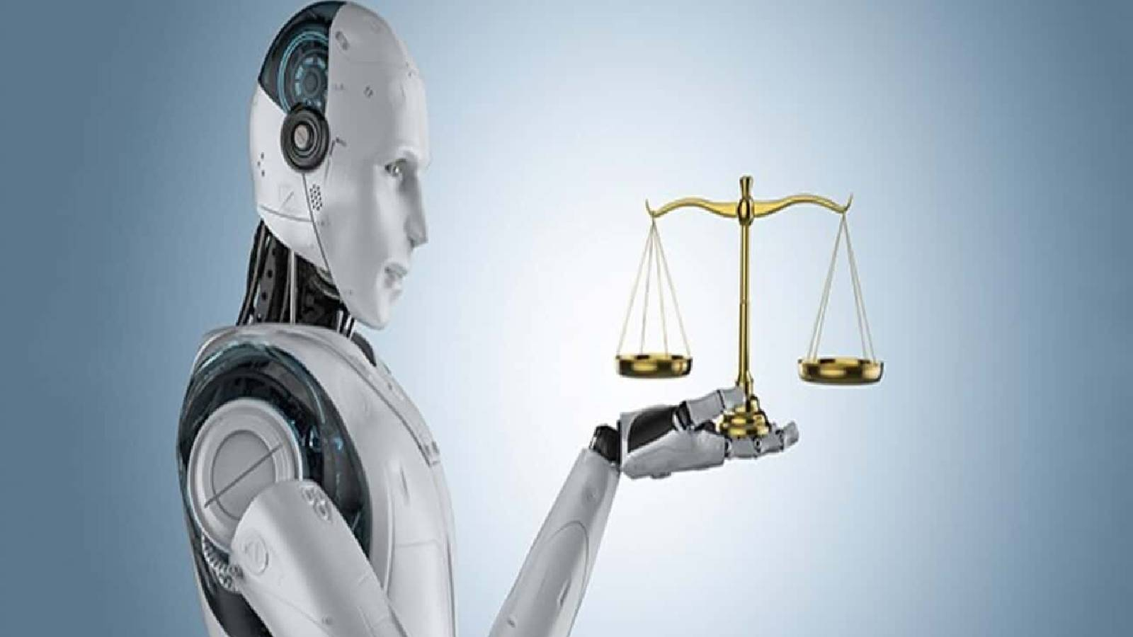 روبوت يقف ويحمل بيده ميزان 