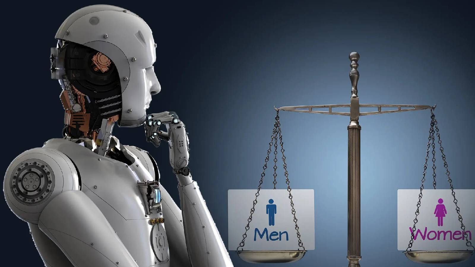 على خلفية متدرحة سوداء و رمادية يظهر رجل آلي و يضع يده تحت ذقنه و امامة ميزان يظهر على كفتي الميزات ورةق مكتوب كليها Men  والورقة الاخرى مكتوب عليها Women