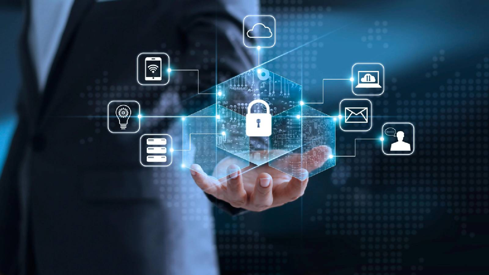 رجل يرتدي بدله يمد يده ويحمل بشكل افتراضي قفل و حوله رسوم 