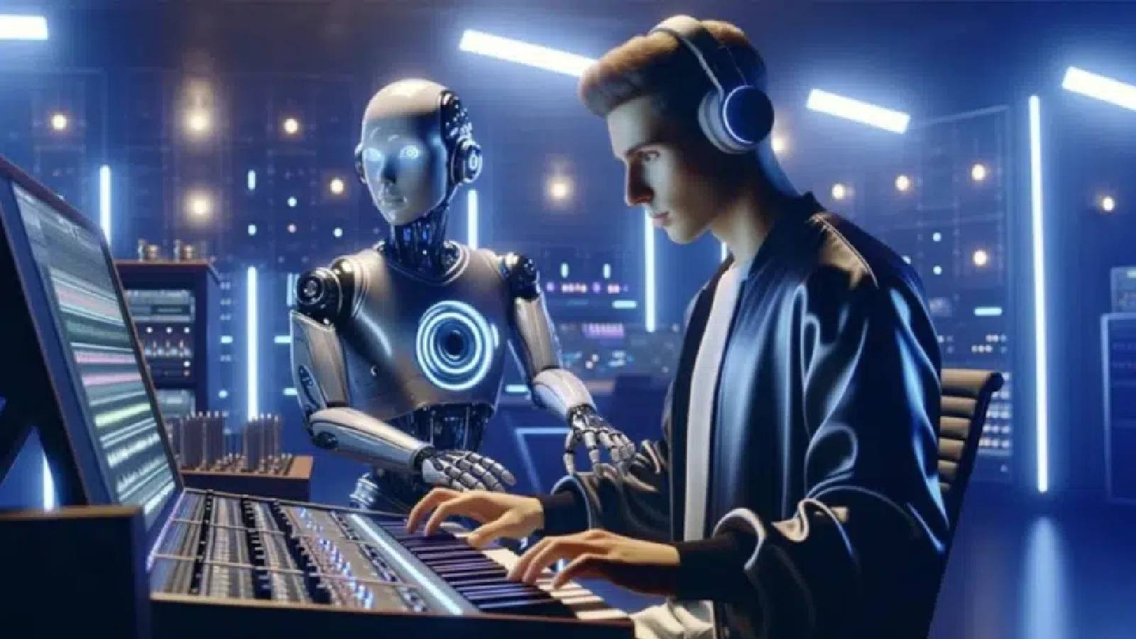 في غرفة التسجيل الموسيقي يظهر شاب وبجانبه رجل آلي ويحالو الشاب التحكم بالموسيقى من خلال اجهزة ذكاء صناعي 