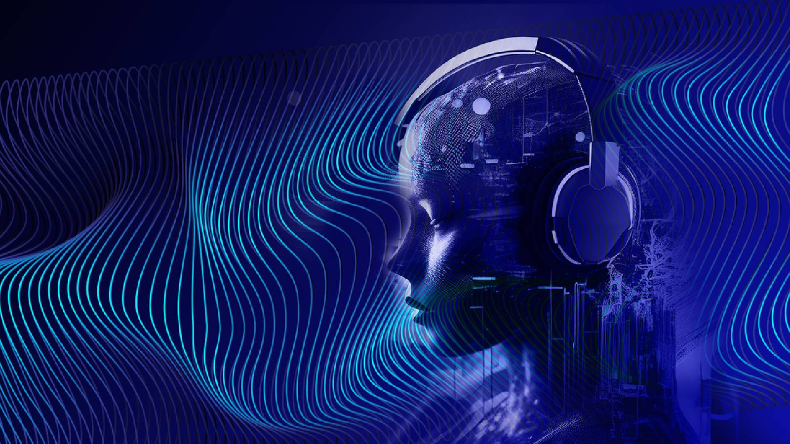 على خلفية سوداء يظهر رأس انسان يضع سماعات موسيقية و تظهر امواج افتراضية حوله 