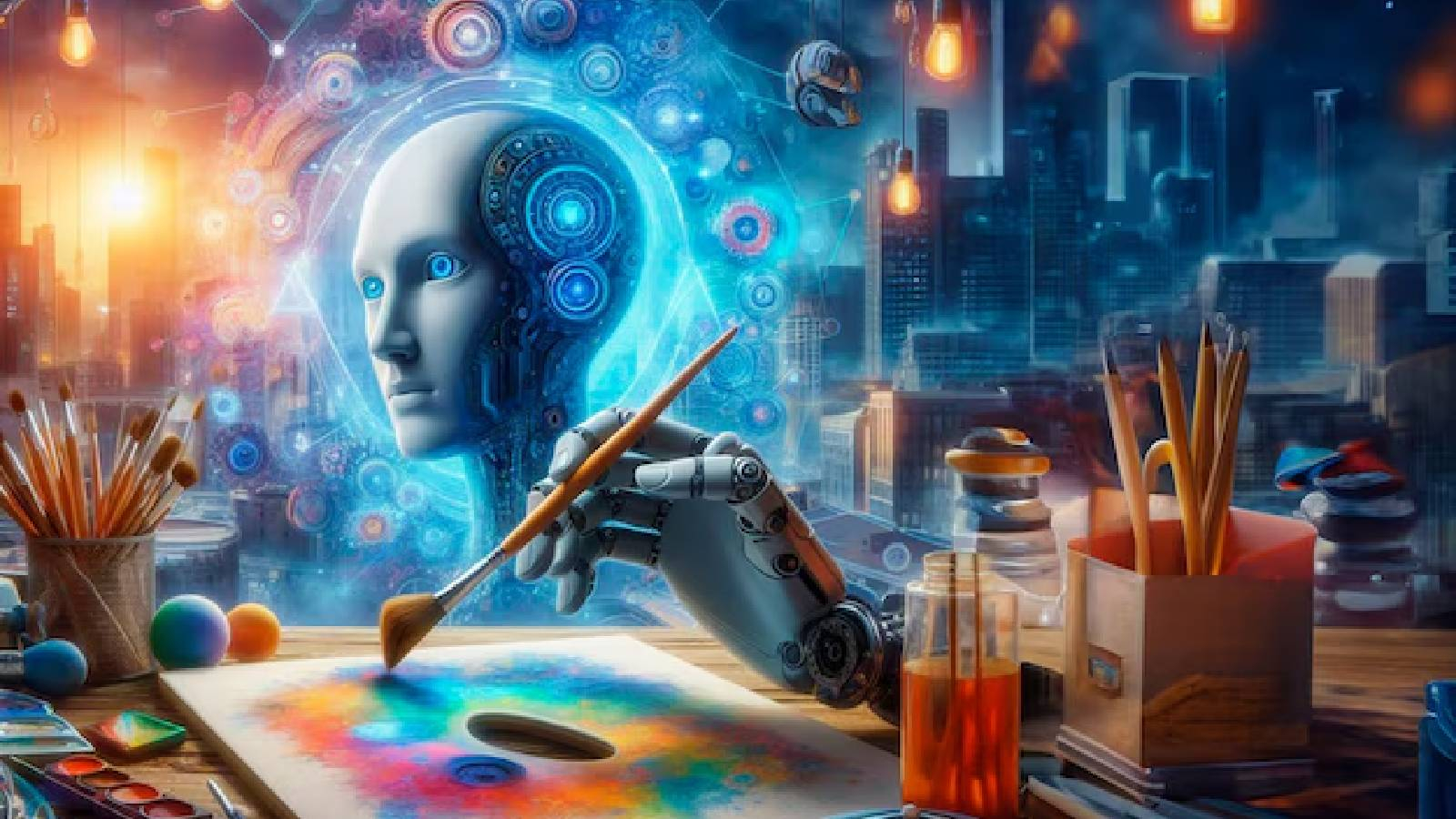 على طاولة مليئة بالالوان و انواع مختلفة من فرشاة الرسم يظهر رأس رجل ألى بشكل افتراضي و يده تمسك بفرشاة رسم 