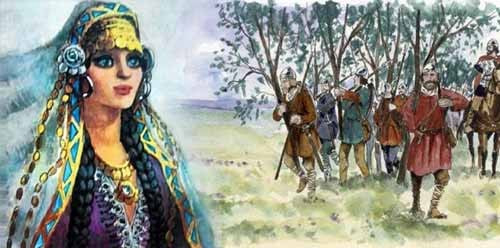 صورة رمزية لزرقاء اليمامة وخلفها الجنود الذين يحملون الأشجار