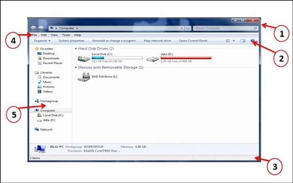 مكونات النافذة في الحاسوب