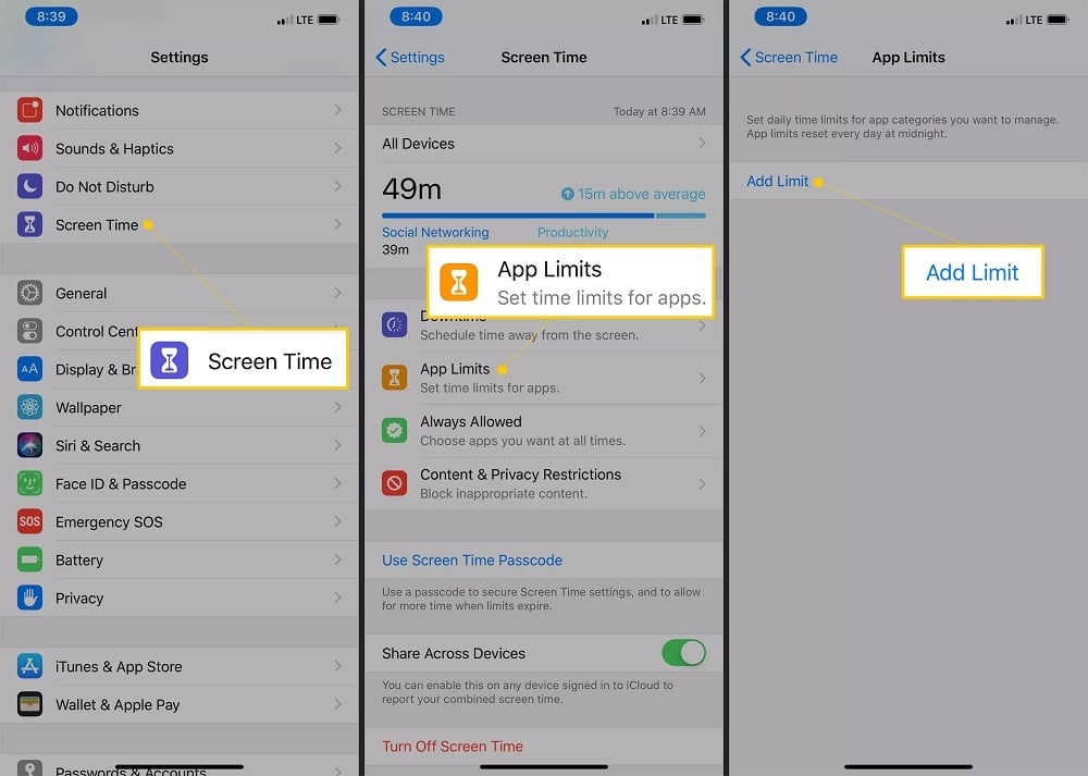 تعيين حدود الوقت للتطبيقات App Limits