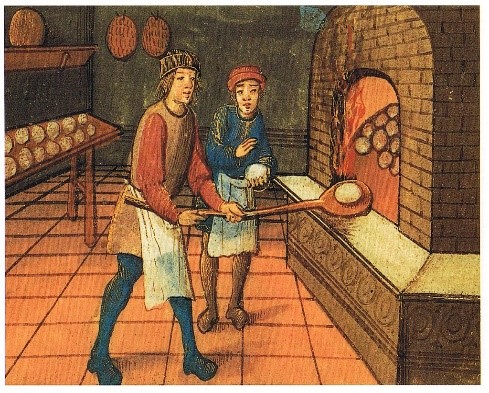 رسم لخباز مع مساعده حيث كانت الأرغفة المستديرة من بين الأرغفة الأكثر شيوعاً وانتشاراً
