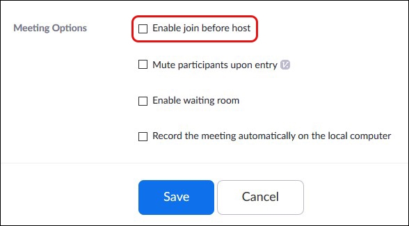تمكيّن الخيار الذي يسمح للمشاركين بالانضمام قبل وصول المضيف (Enable join before host)